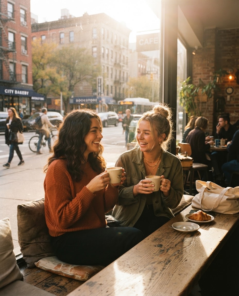 Two people sitting at the window bench with coffee