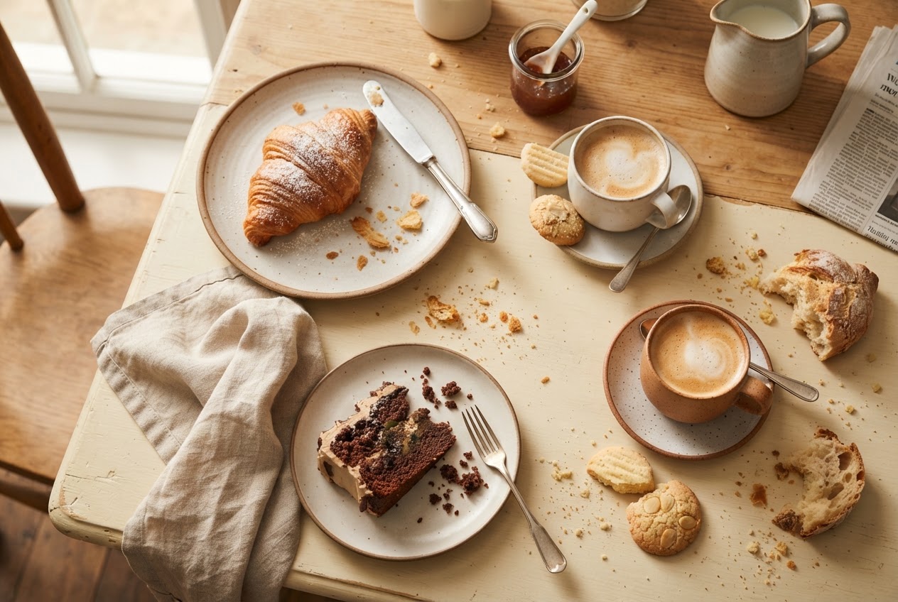 Pastries and coffee spread across a table