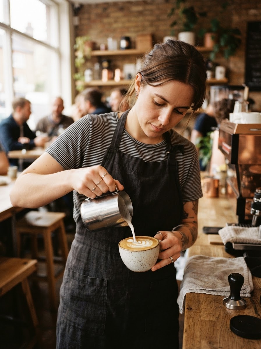 A barista pouring latte art behind the bar